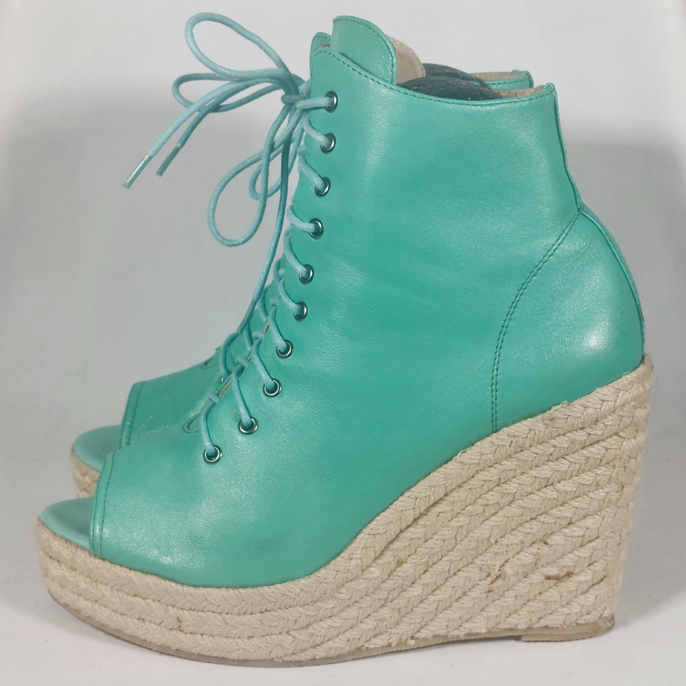 Ego & Greed Lace-Up Turquoise Leather Espadrille Wedge Booties, W10, EUC